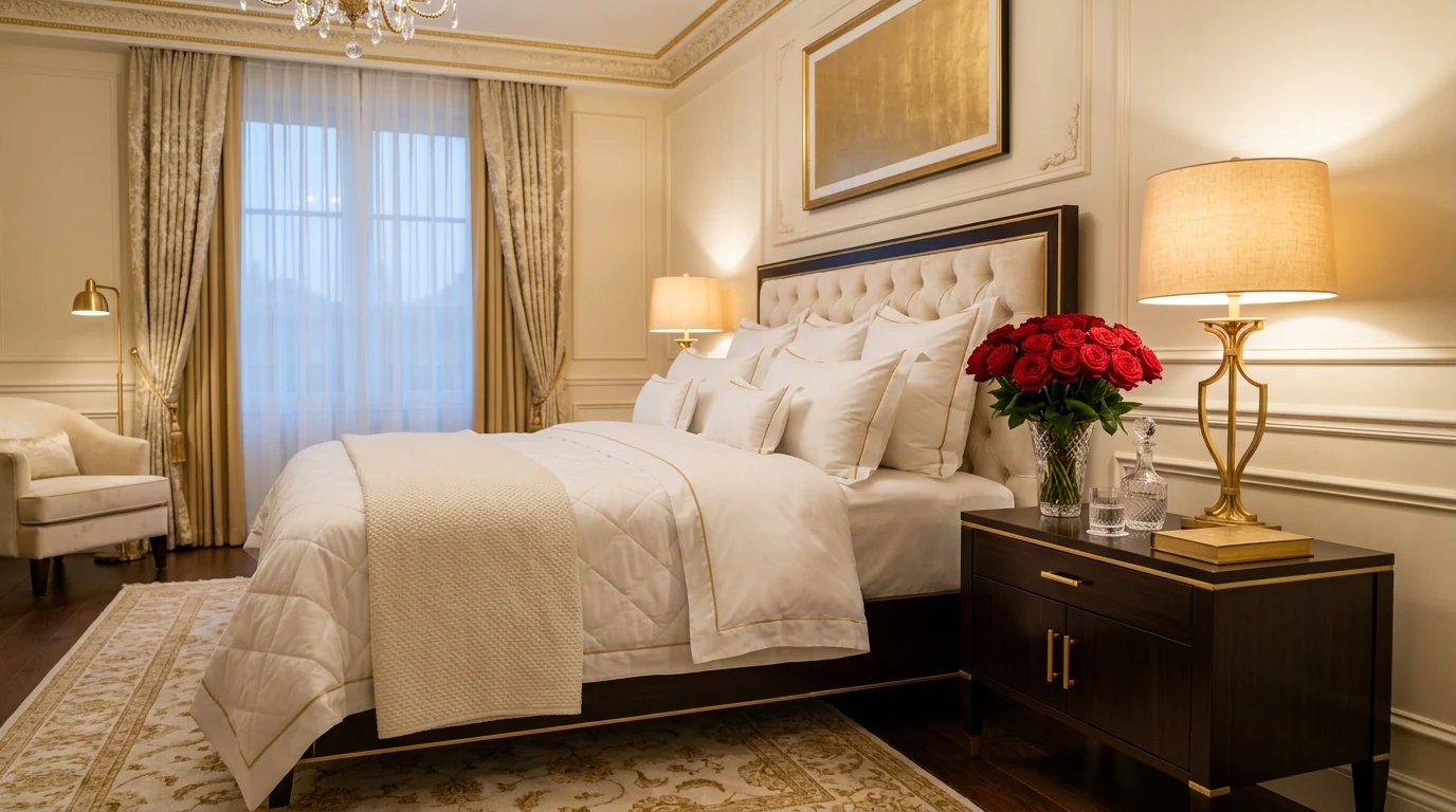 Dreamy Valentines bedroom decor with warm candlelight on the dresser.