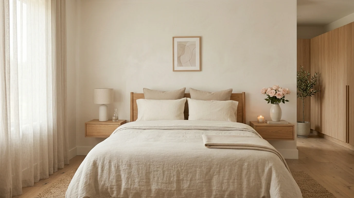 Romantic bedroom decor with flowers on both bedside tables.