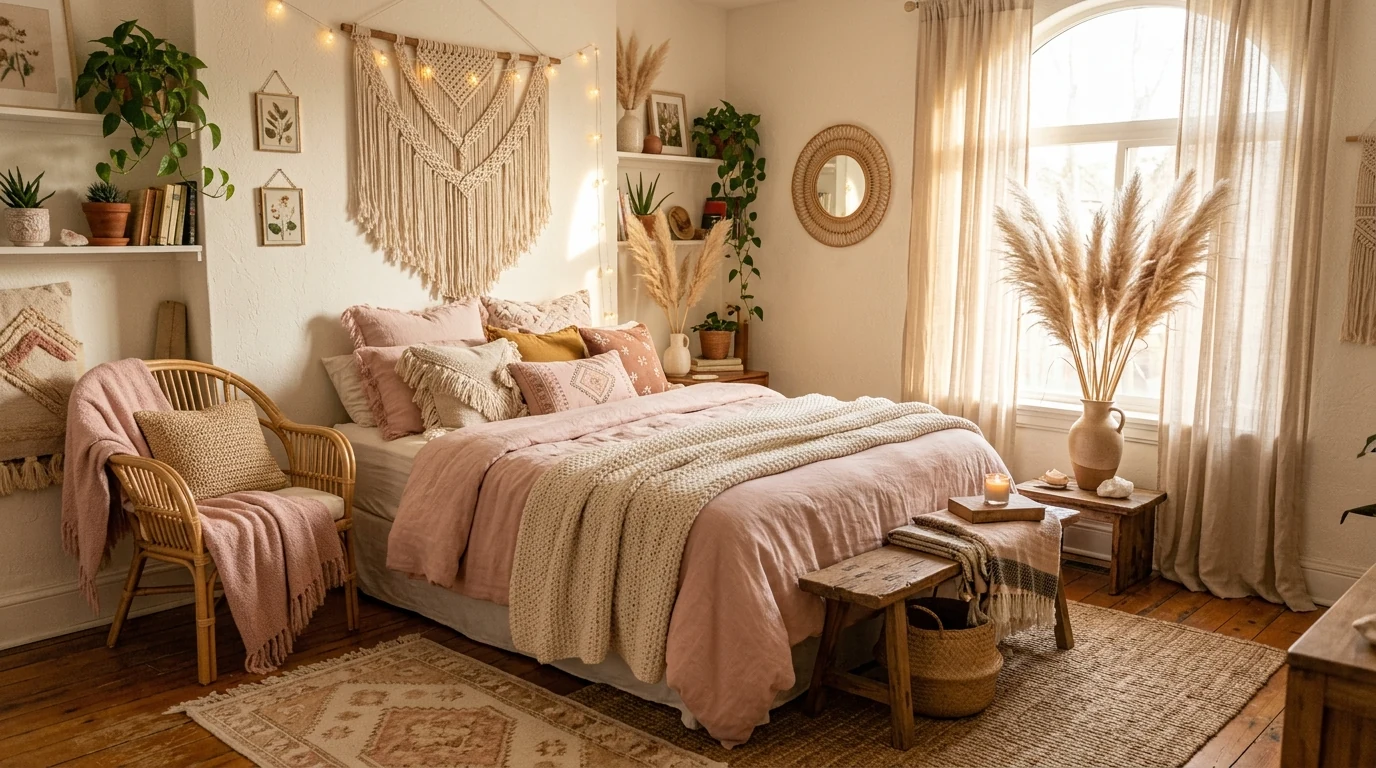 Dreamy Valentines bedroom styling with a small strand of fairy lights.