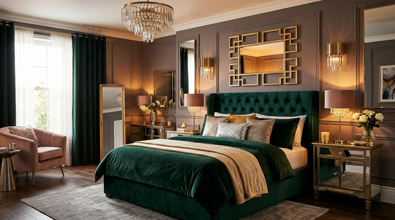 Bedroom decor with velvet and satin accent pillows for Valentines.