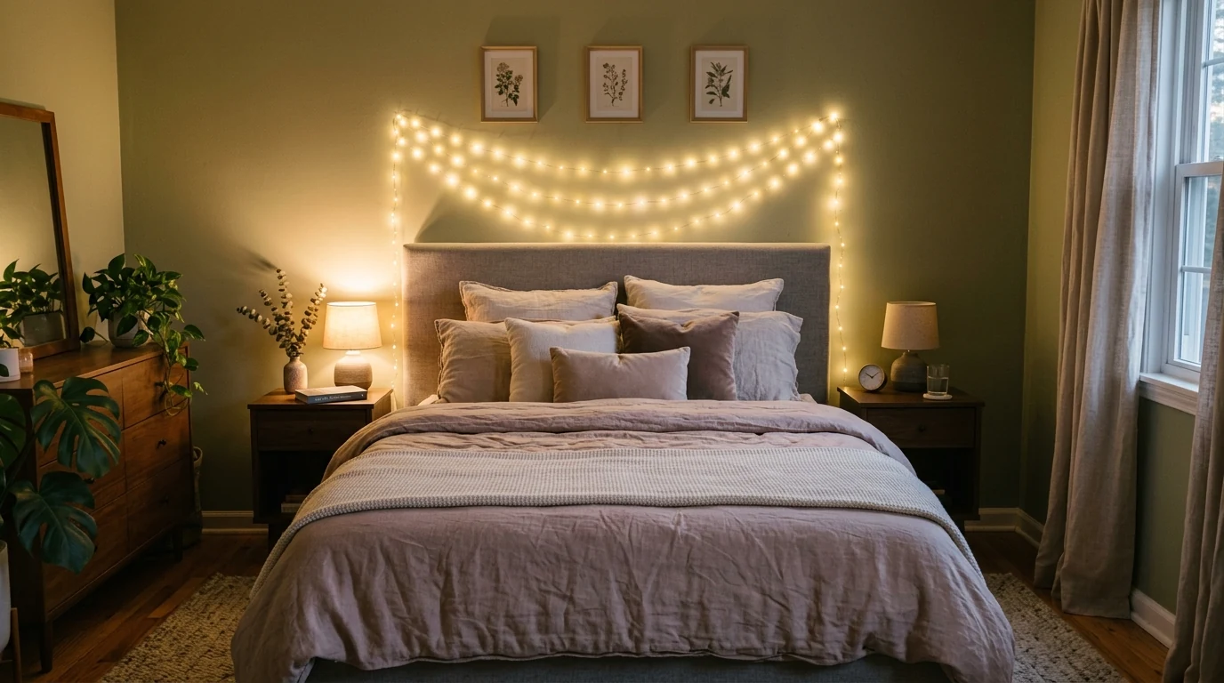 Romantic bedroom color palette mixing rose tones with white.