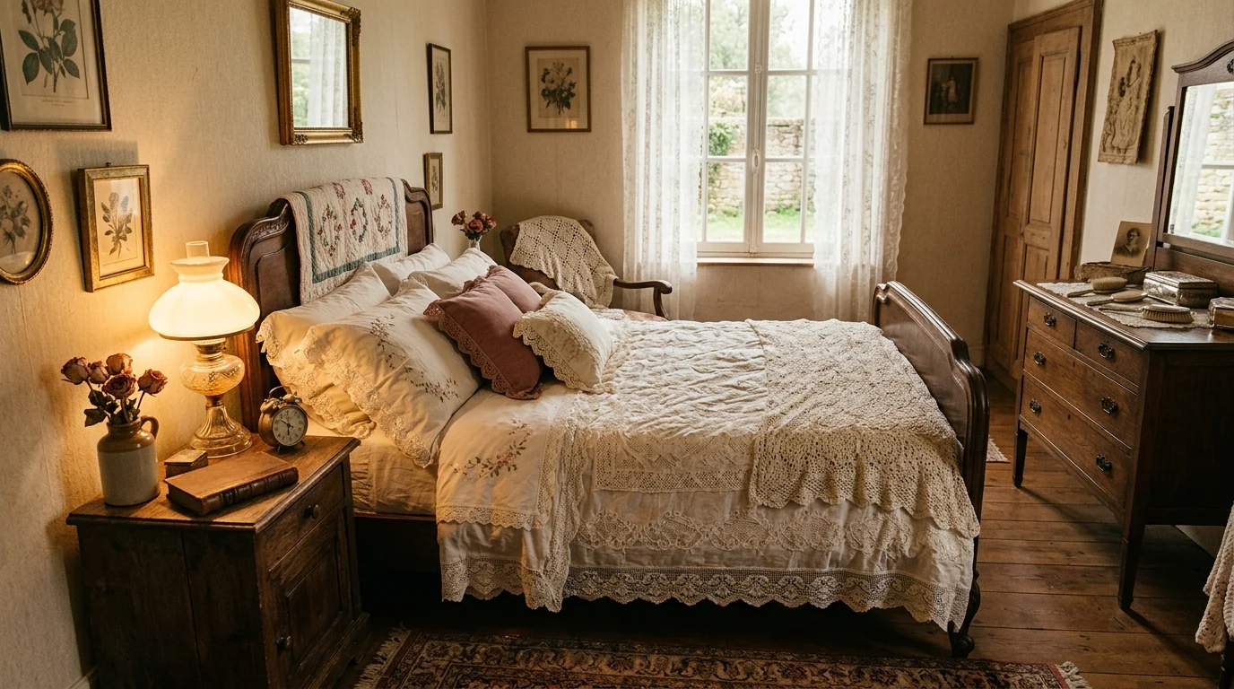 Valentines bedroom nightstand styled with scented ambience and florals.