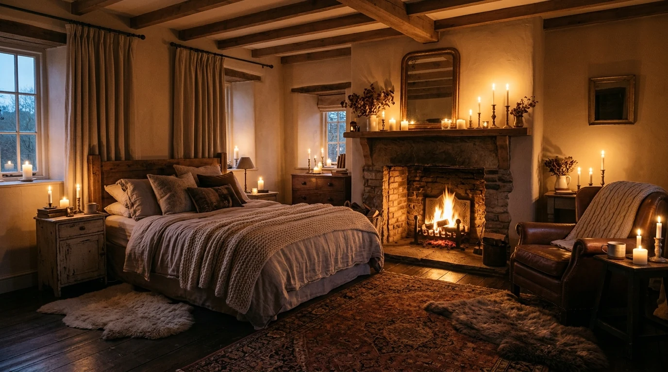 Dreamy romantic bedroom with a light canopy or draped fabric.