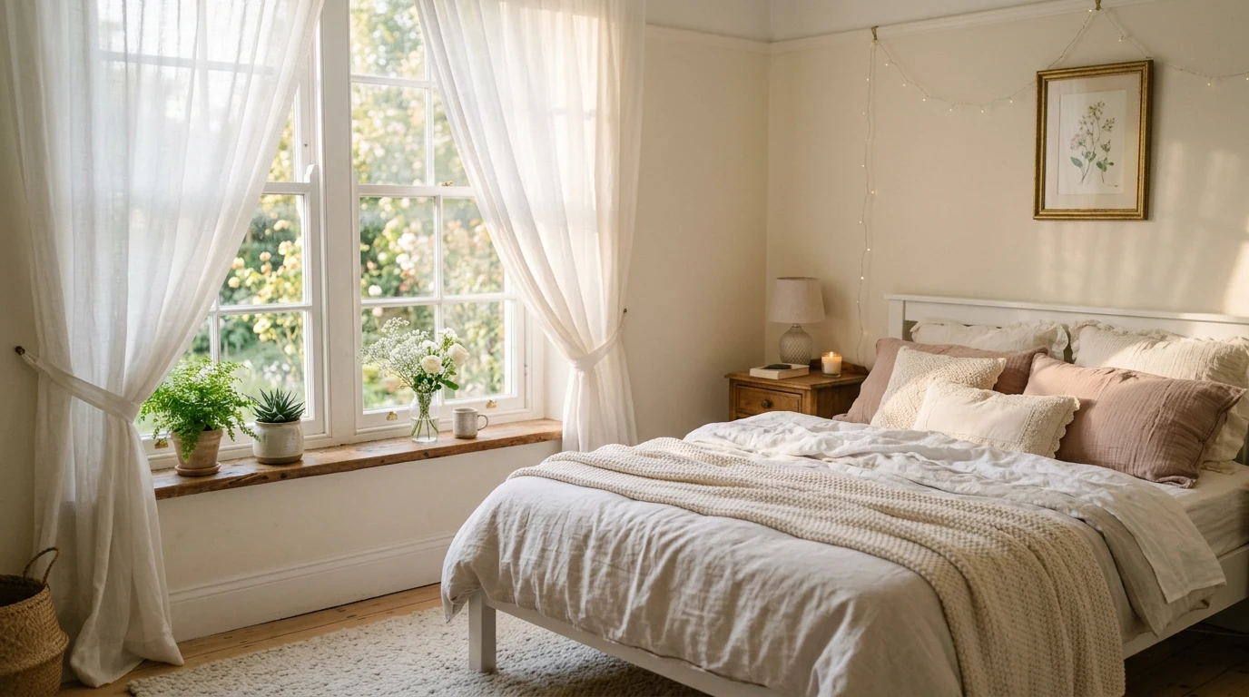 Romantic Valentines bedroom decor with petals and candles used sparingly.
