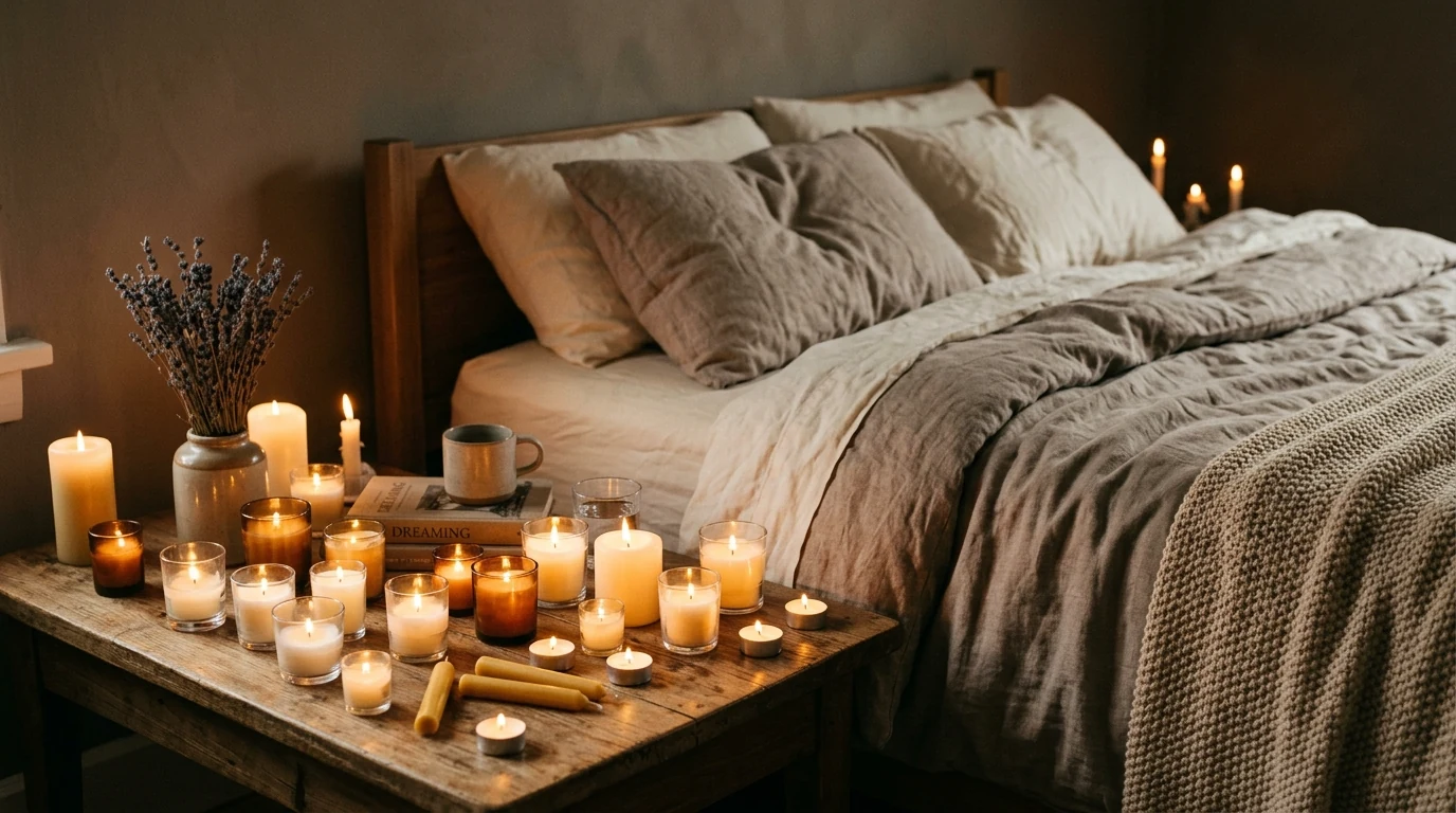 Dreamy Valentines bedroom with a soft bench at the foot of the bed.