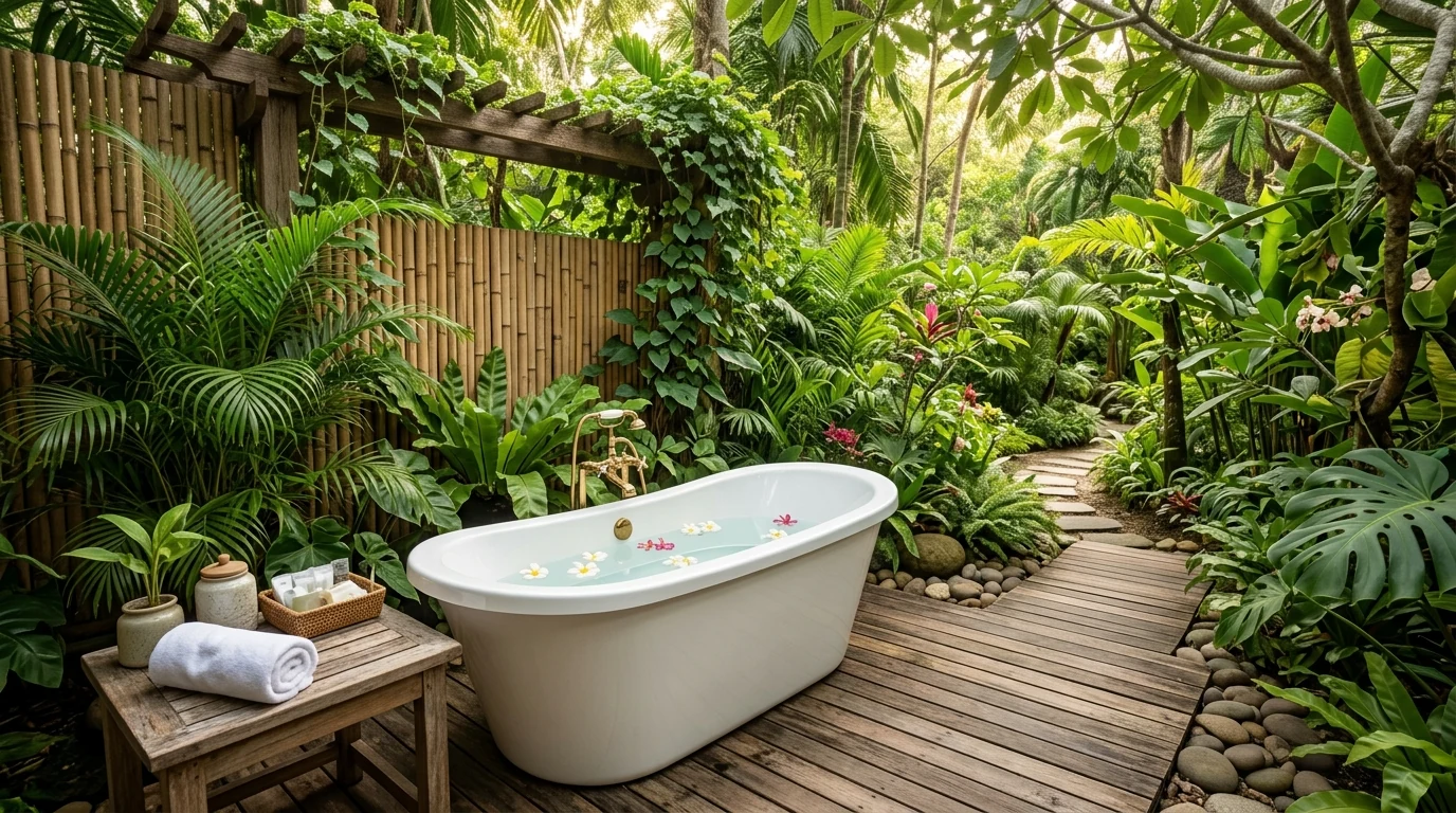 Serene dreamy outdoor bathroom design styled as a spa-like escape.