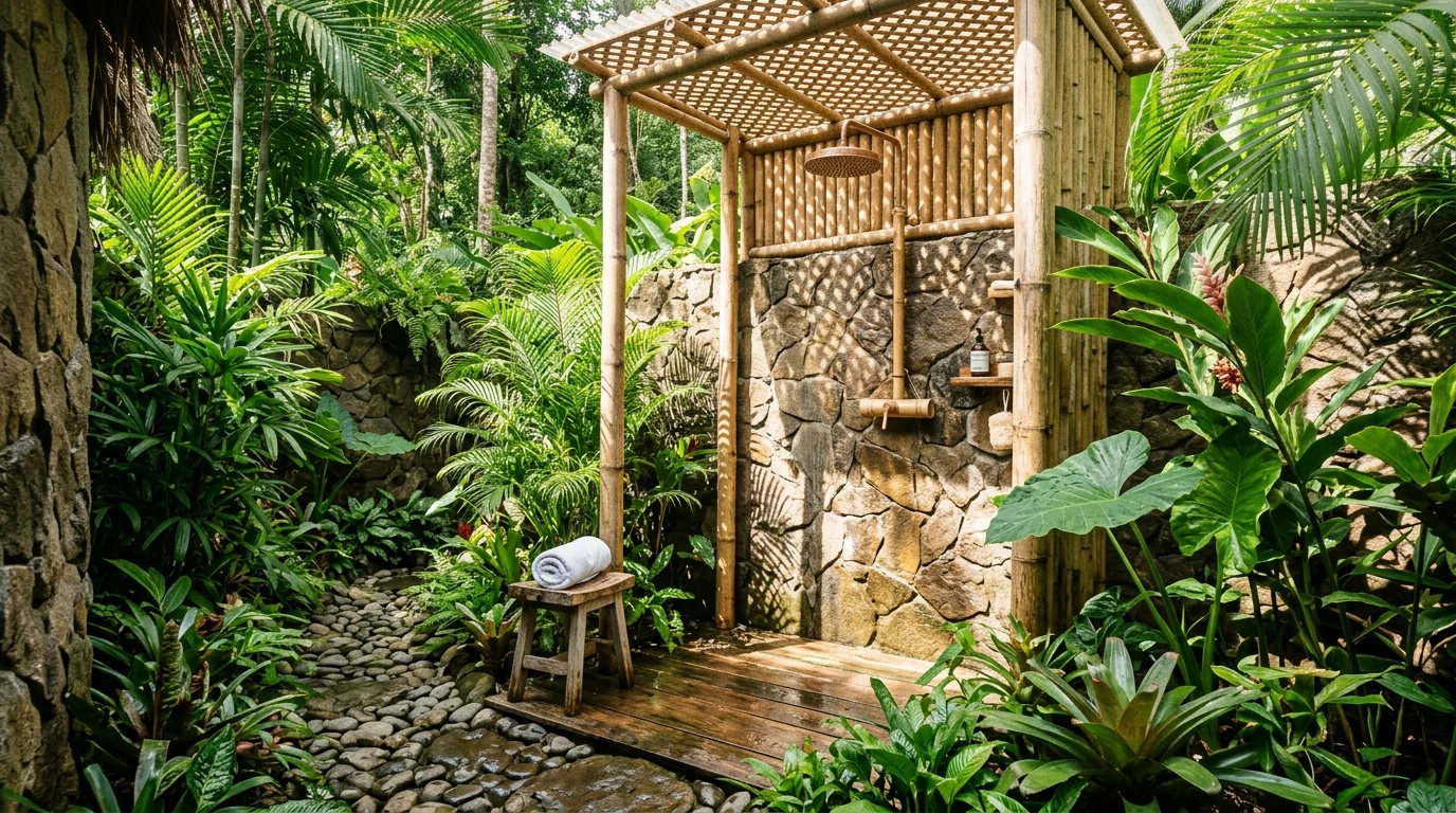 Outdoor bathroom with an open-air shower and tropical plants.