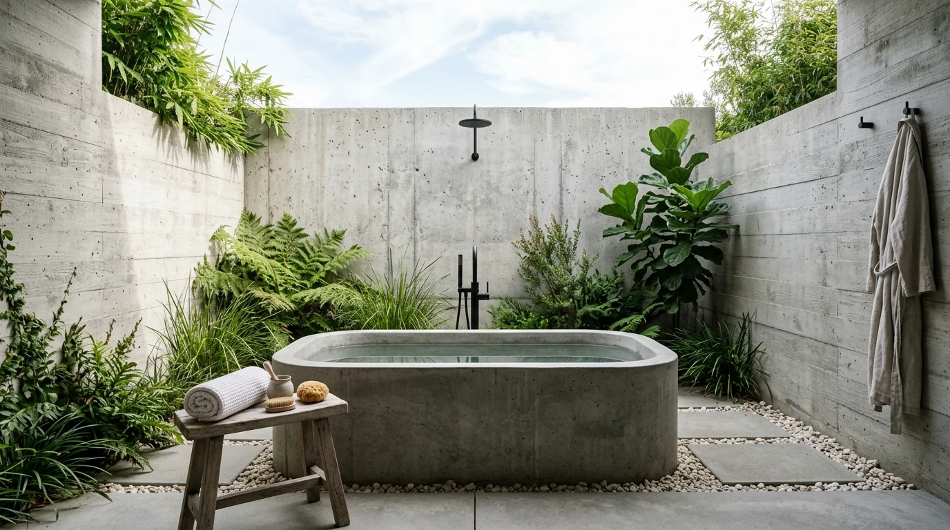 Serene outdoor bathroom retreat with warm wooden decking and spa details.