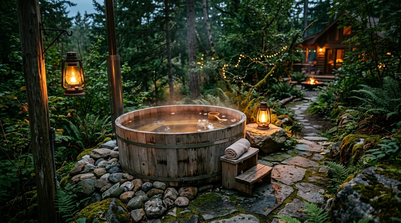Minimal outdoor bathroom with a white tub and open sky views.