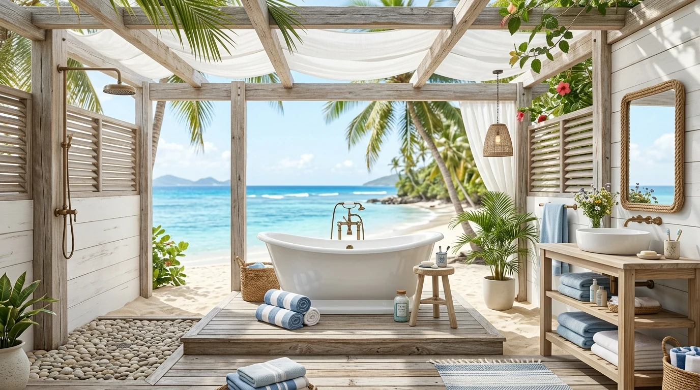 Dreamy outdoor bathroom with rustic stone walls and candlelight.