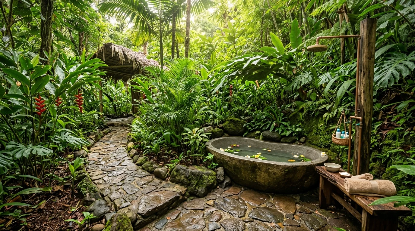 Tropical resort-style outdoor bathroom with a spa-like bath setup.