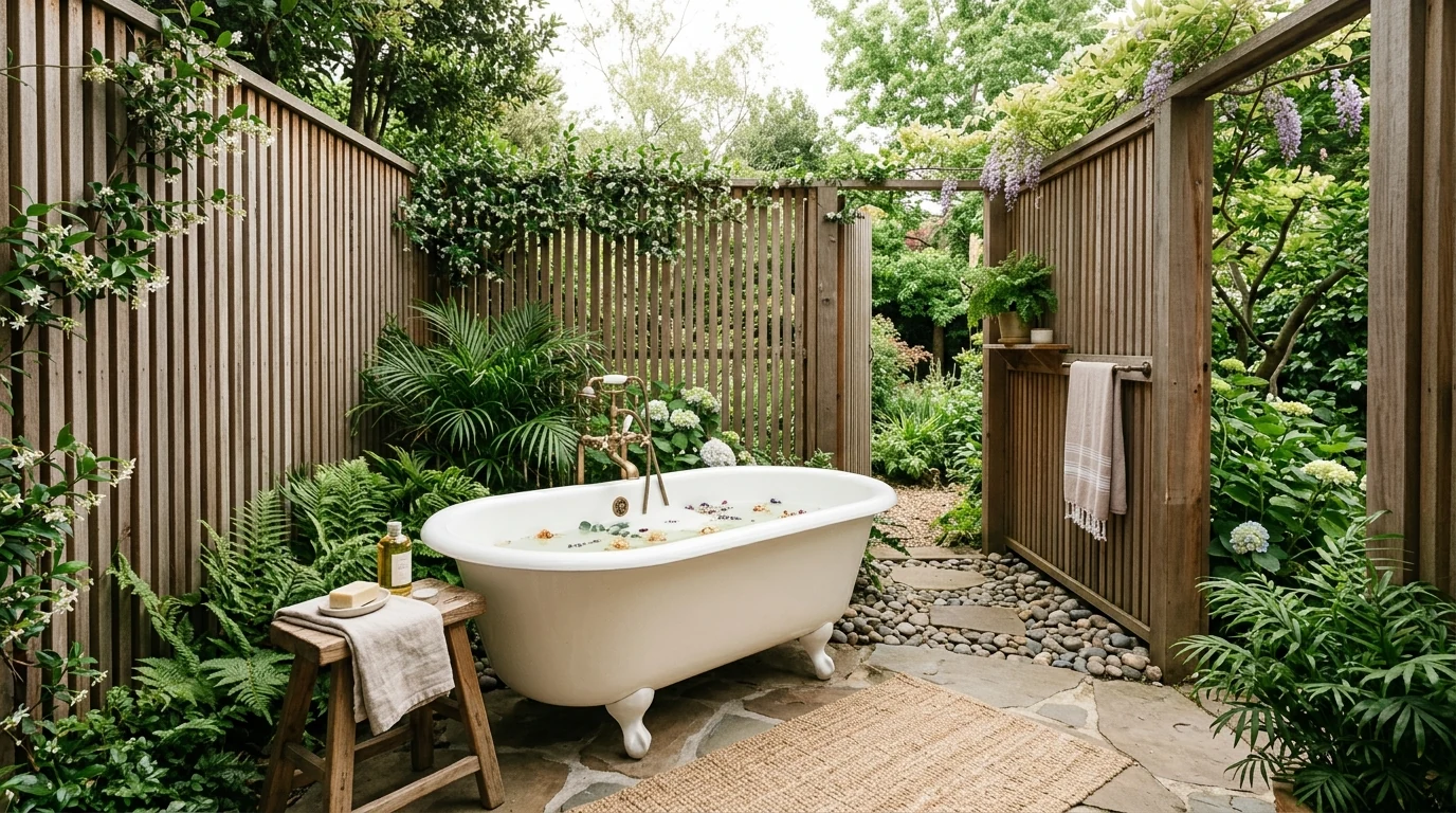 Outdoor bathroom with privacy screens and a calm spa-like atmosphere.