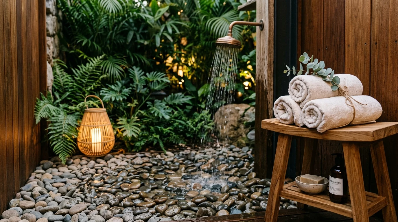 Outdoor freestanding tub placed by a garden wall in a serene setting.