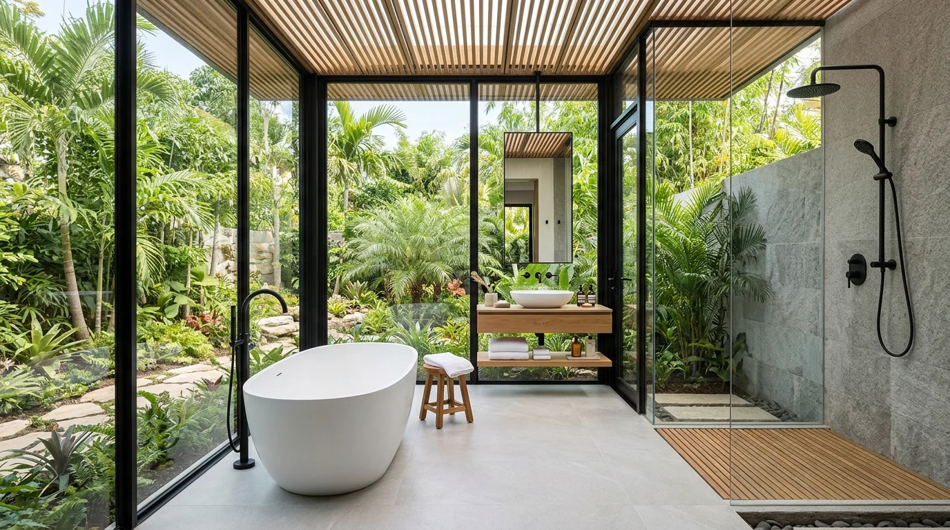 Neutral outdoor bathroom with spa-like textures in wood, stone, and linen.