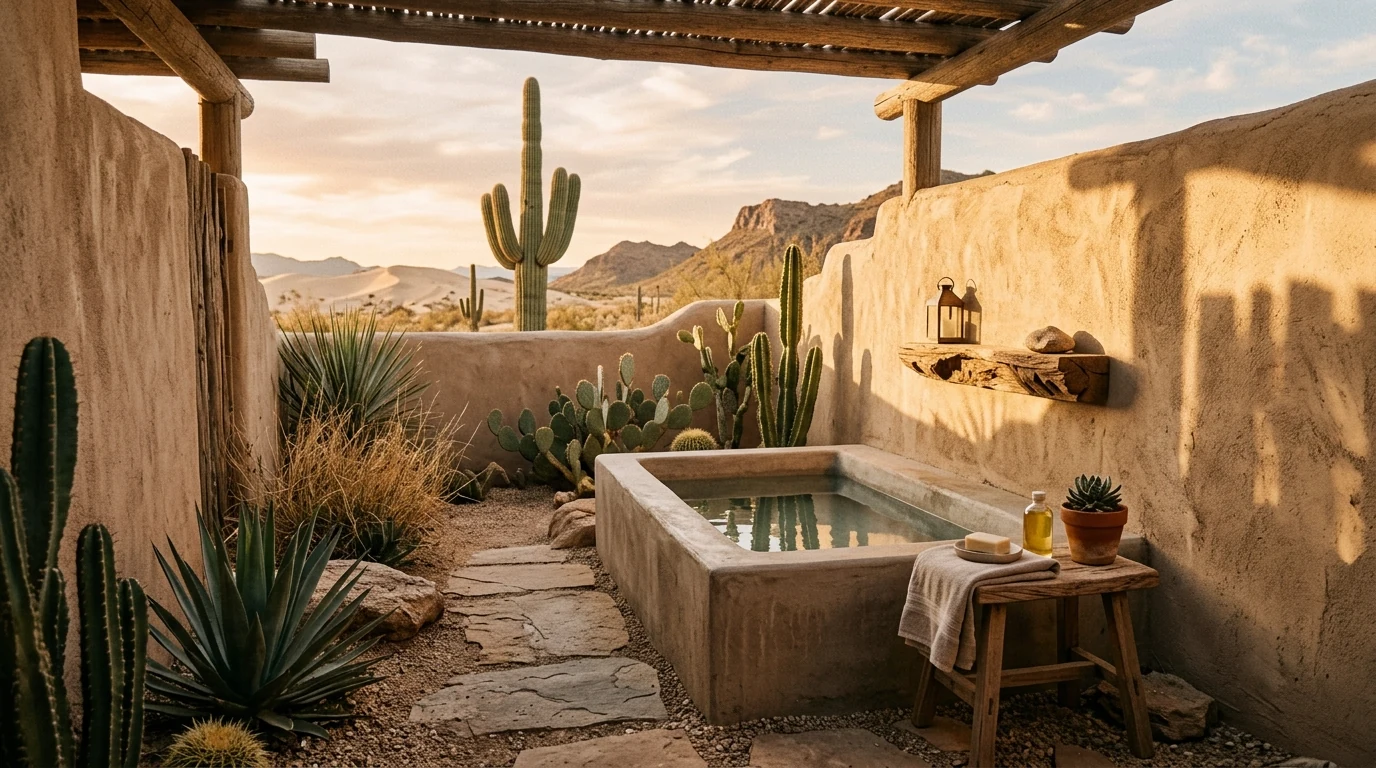 Covered outdoor bathroom with a spa bath designed for calm all-weather use.