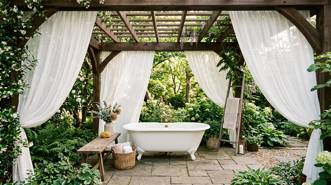 Dreamy outdoor bathroom with a tucked-away bath nook and soft lighting.