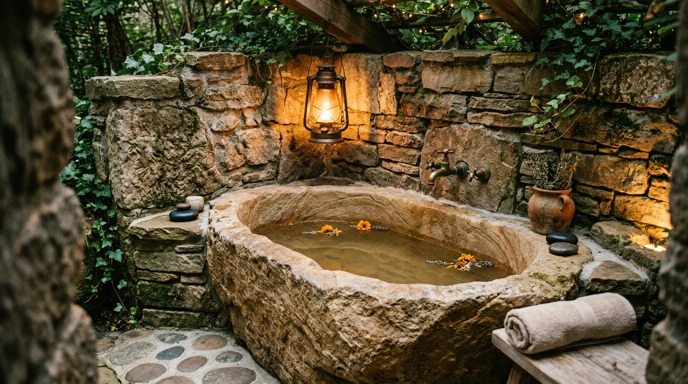 Organic outdoor bathroom with pebble flooring and warm wood accents.