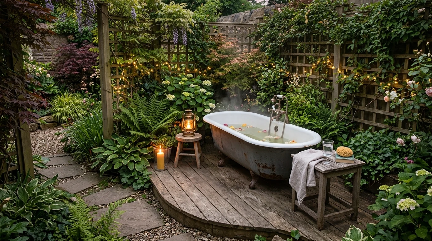 Serene dreamy outdoor bathroom designed as a spa-like escape in nature.