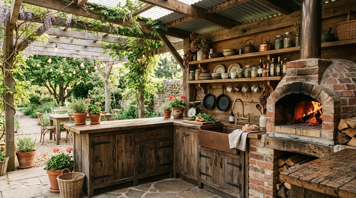 Backyard outdoor kitchen with pizza oven and connected dining area.