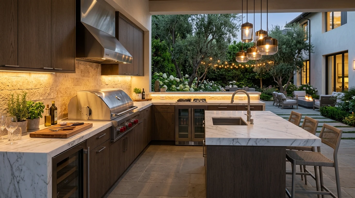 Outdoor kitchen beneath a pergola with shaded backyard cooking space.