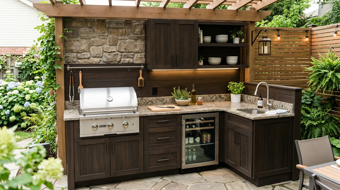 Modern outdoor kitchen with black cabinets and sleek entertaining style.