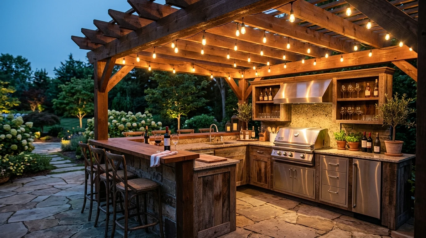 Rustic outdoor kitchen blending wood and stone for backyard hosting.