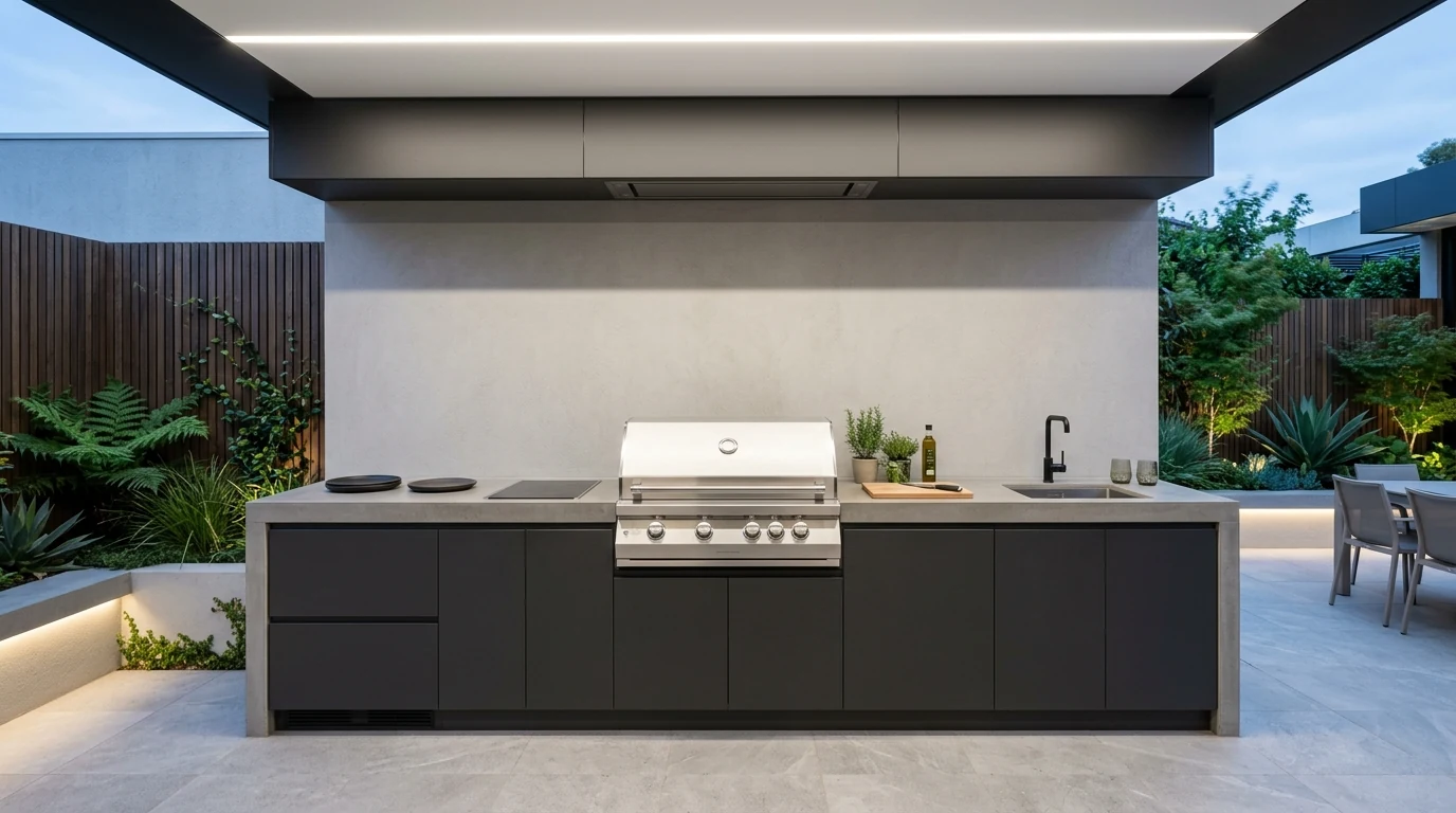 Outdoor kitchen with long counter and bar seating for backyard entertaining.