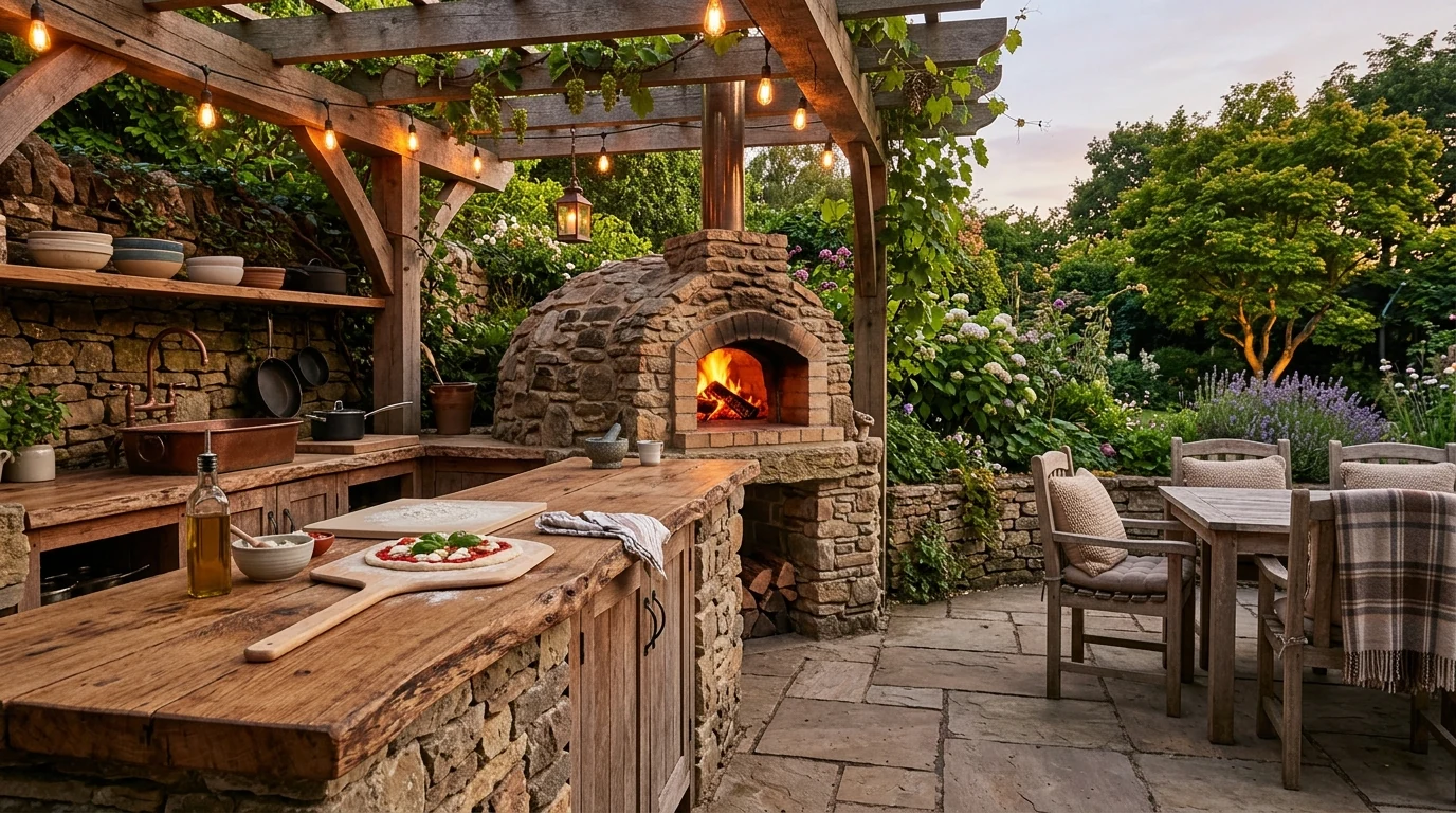 Stainless steel outdoor kitchen with warm evening lighting.