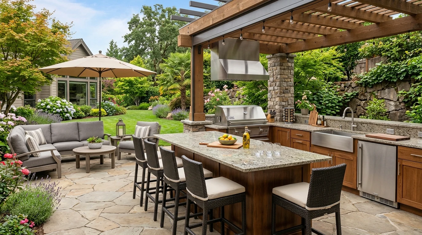 L-shaped outdoor kitchen layout for easy backyard hosting.