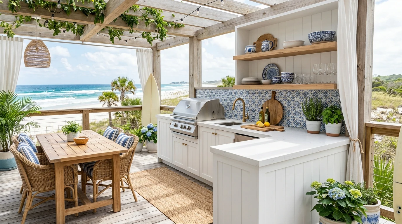 Poolside outdoor kitchen styled with a resort-like entertaining feel.