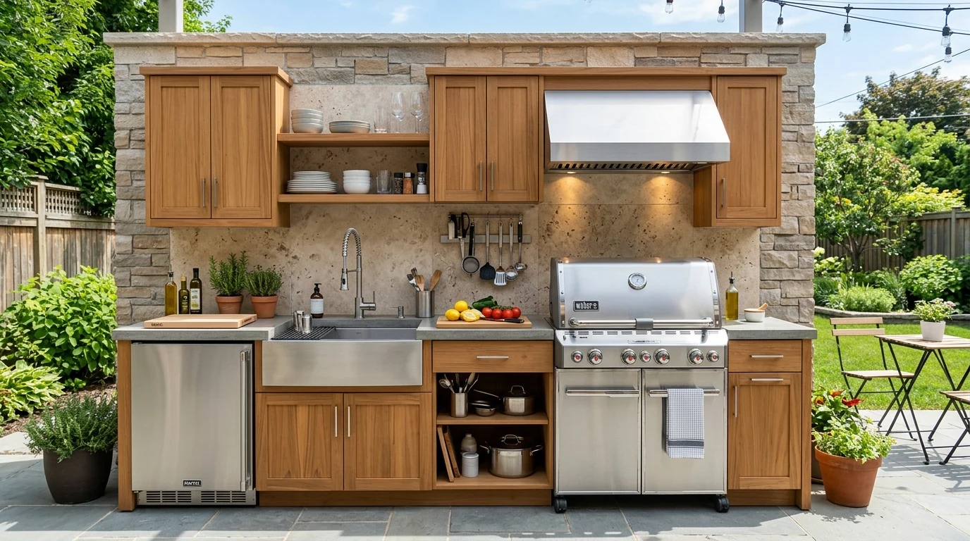 Mediterranean-inspired outdoor kitchen with tile and warm neutral tones.