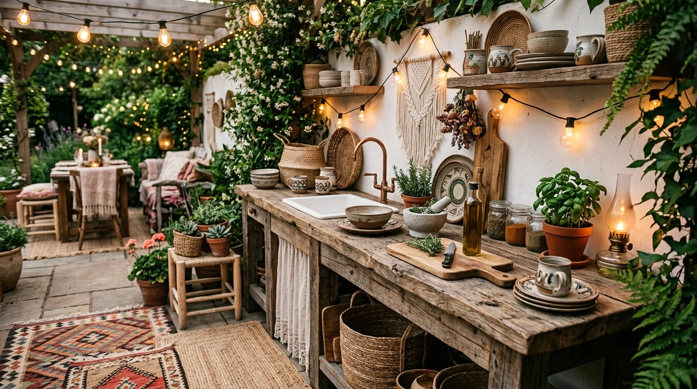 Outdoor kitchen with fireplace backdrop for stylish backyard entertaining.