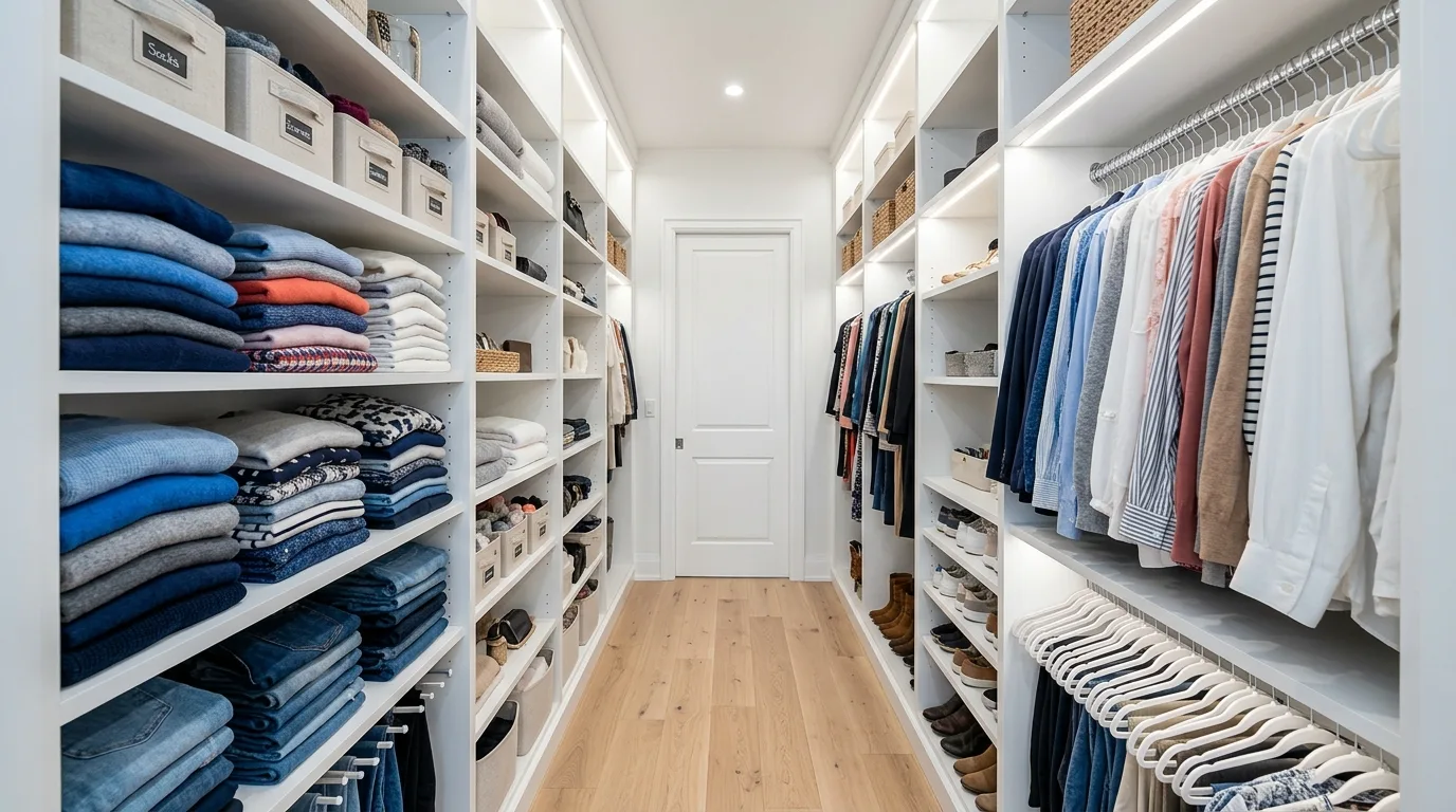 Narrow small walk-in closet with bright lighting, double rails, slim shelving, and organized storage.