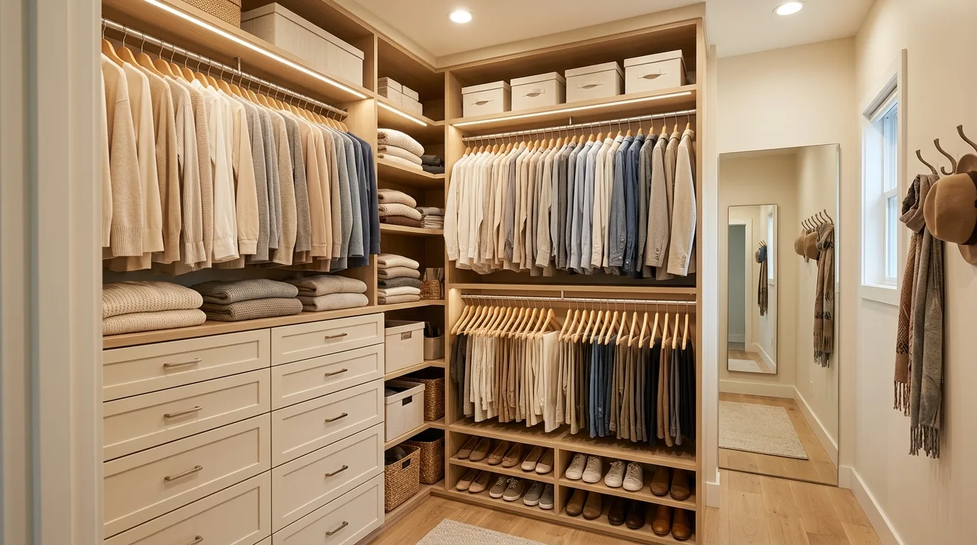 Small walk-in closet using slim shelving on the end wall for storage.