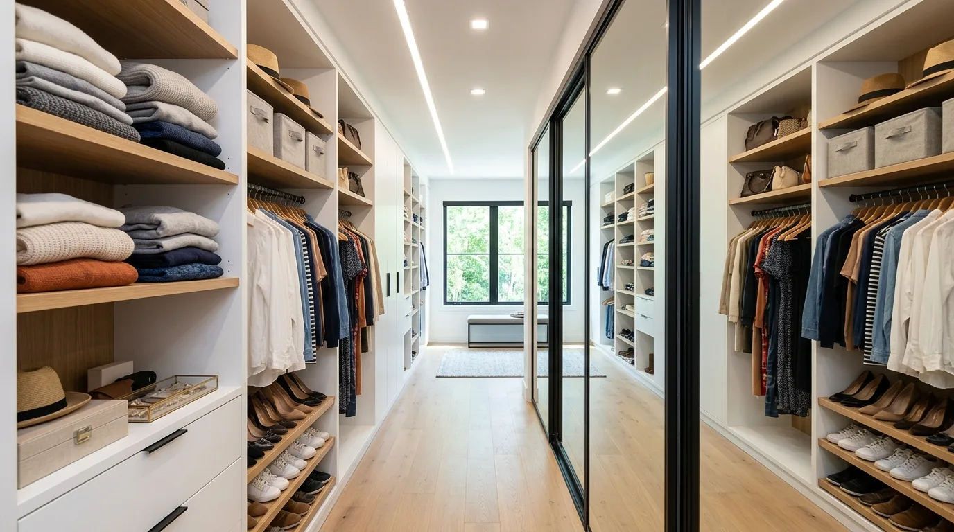 Compact walk-in closet with narrow drawer towers between clothing rails.