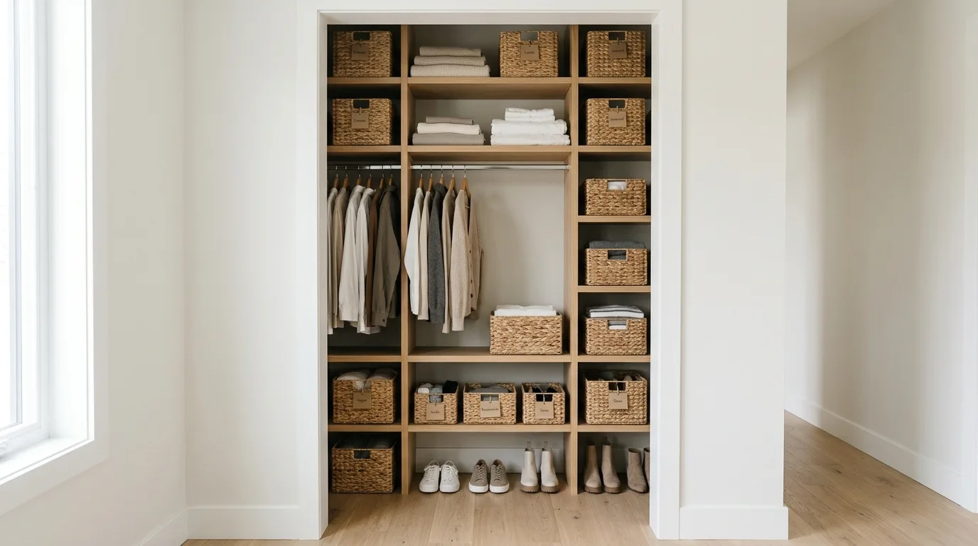 Narrow closet with a full-length mirror that opens up the small space.