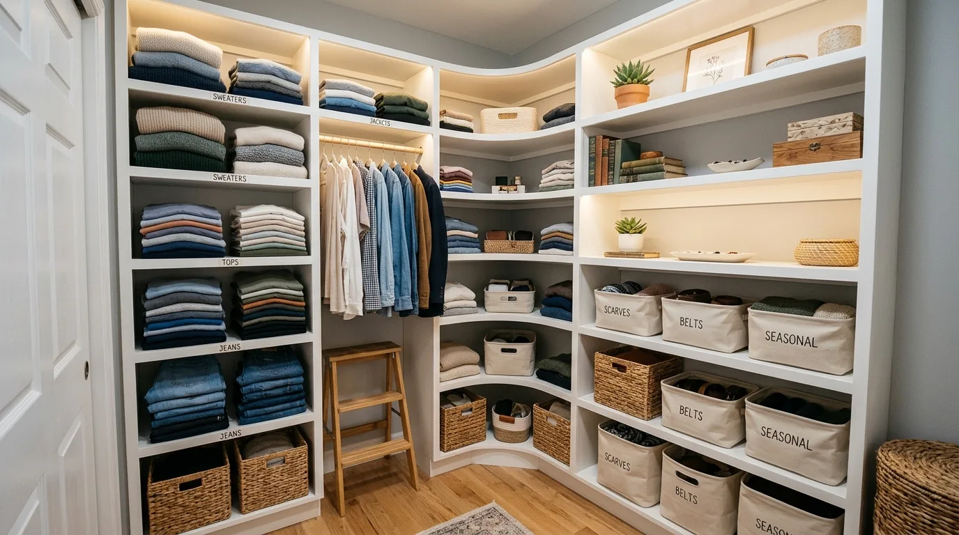 Walk-in closet shoe cubbies arranged neatly in a narrow space.