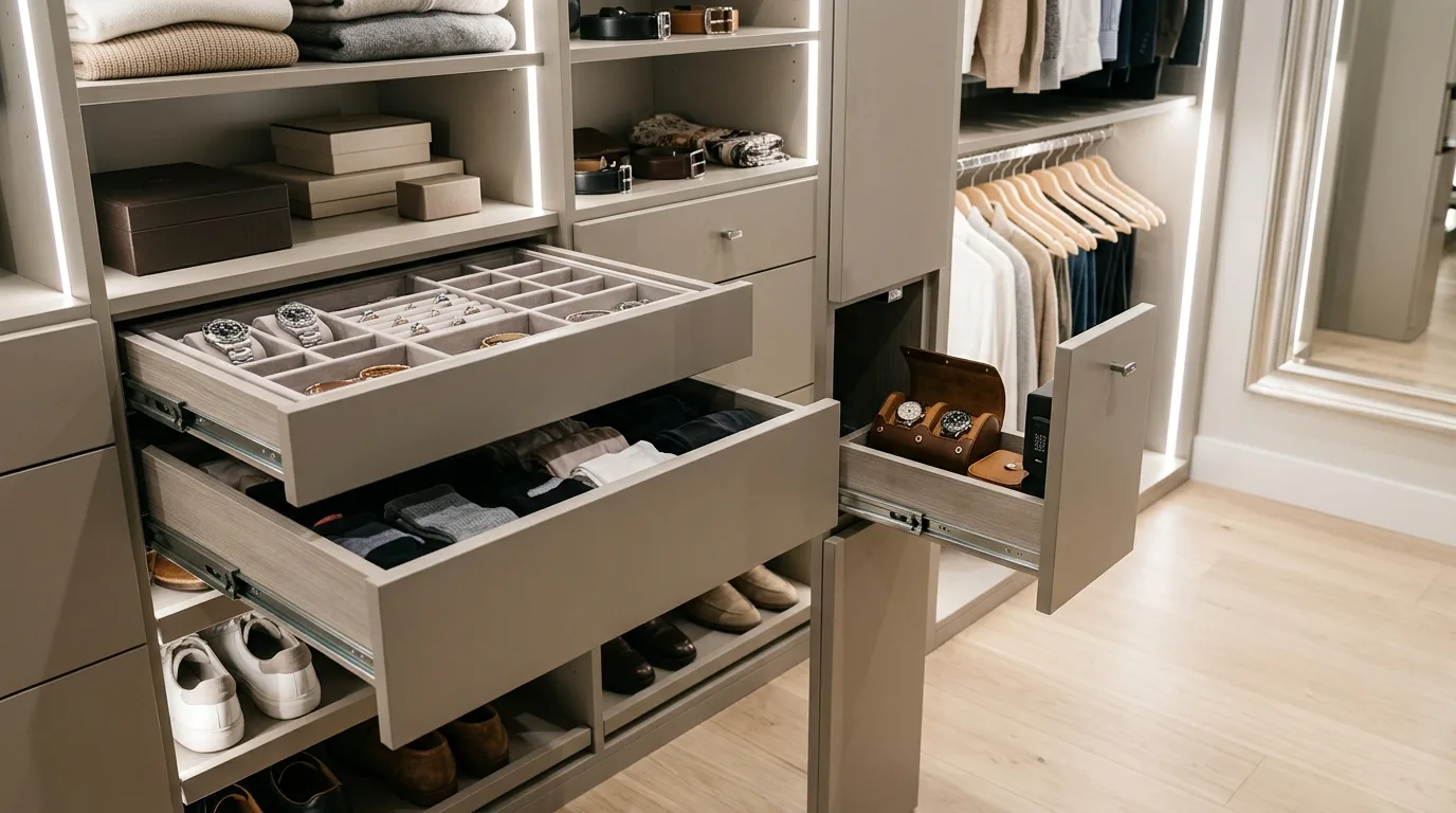 Organized narrow closet with matching hangers and labeled storage sections.