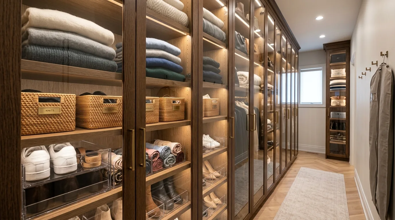 Small walk-in closet brightened with clean overhead and shelf lighting.