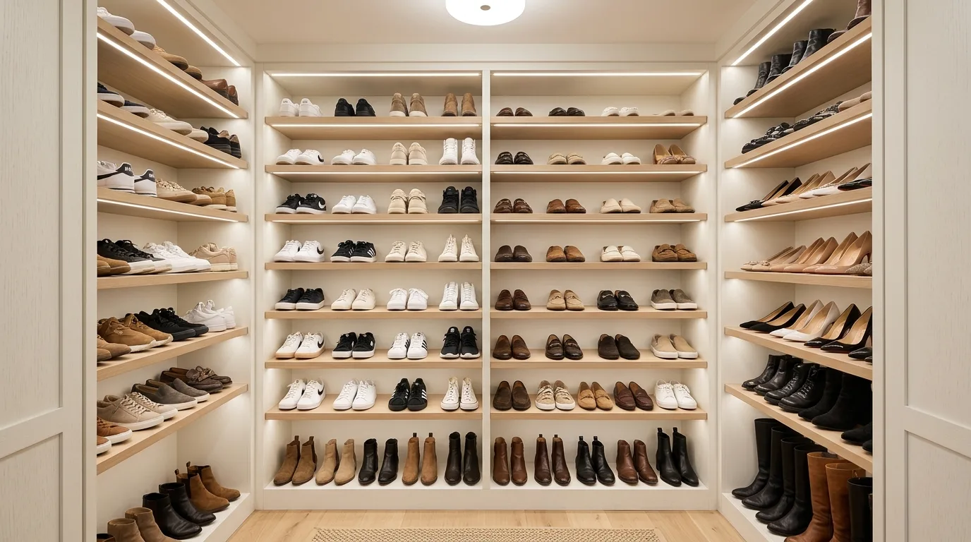 Narrow closet with vertical shelving used for bags and seasonal storage.