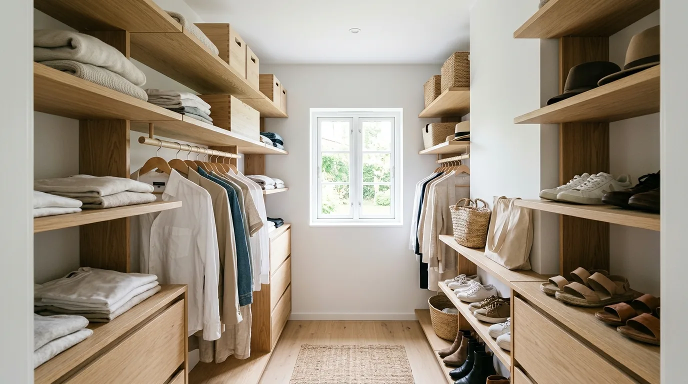 Smart closet layout mixing short-hang and long-hang storage in a compact space.