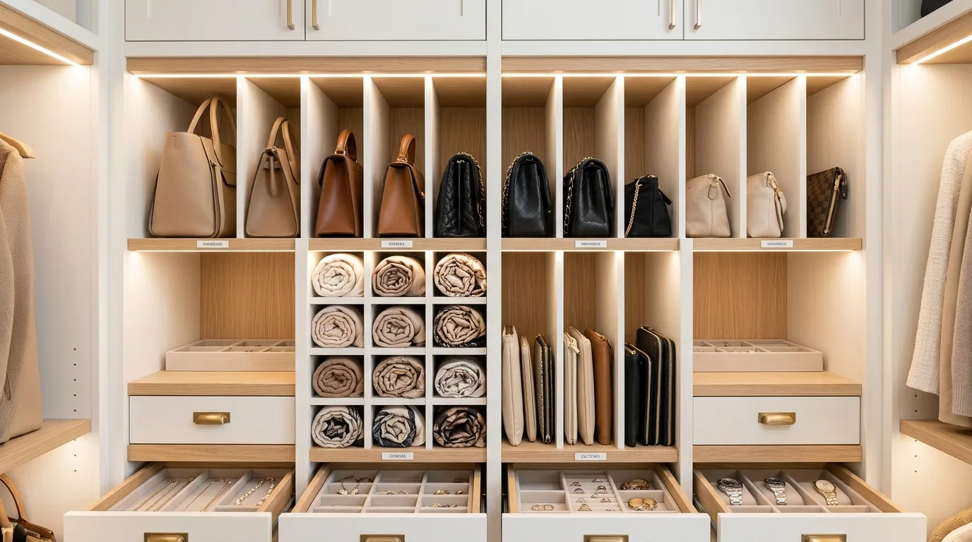 Compact walk-in closet with baskets on upper shelves for tidy storage.