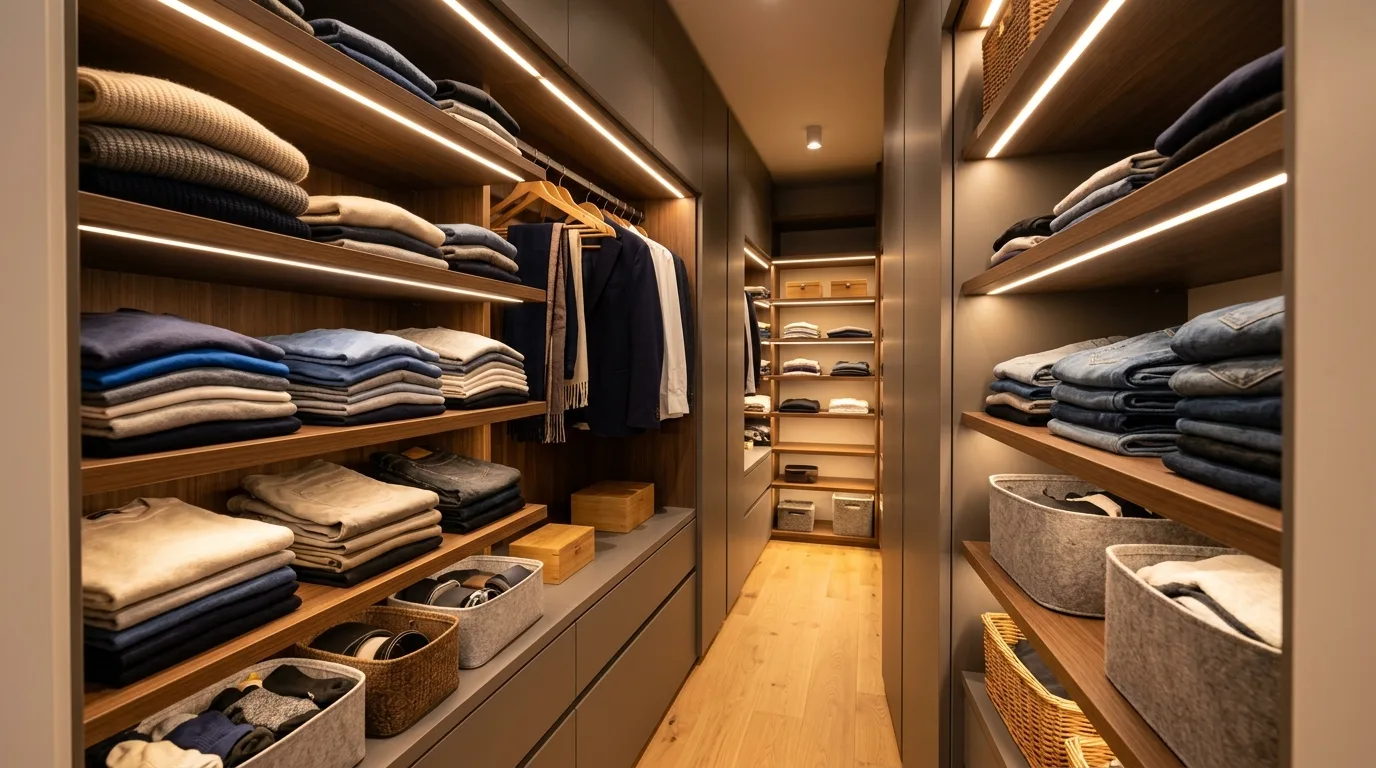 Narrow walk-in closet with pull-out storage for accessories and jewelry.