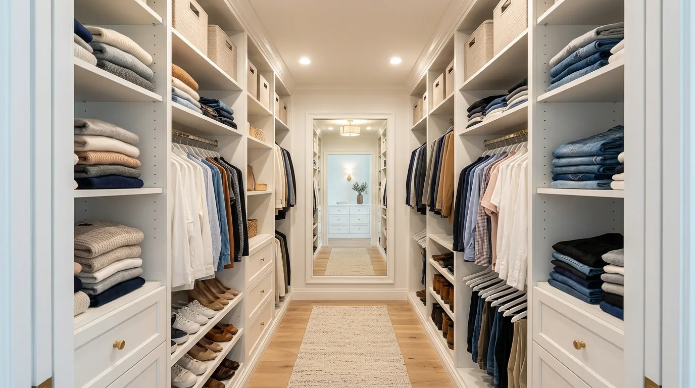 Closet organization with clear bins storing seasonal clothing in a narrow space.