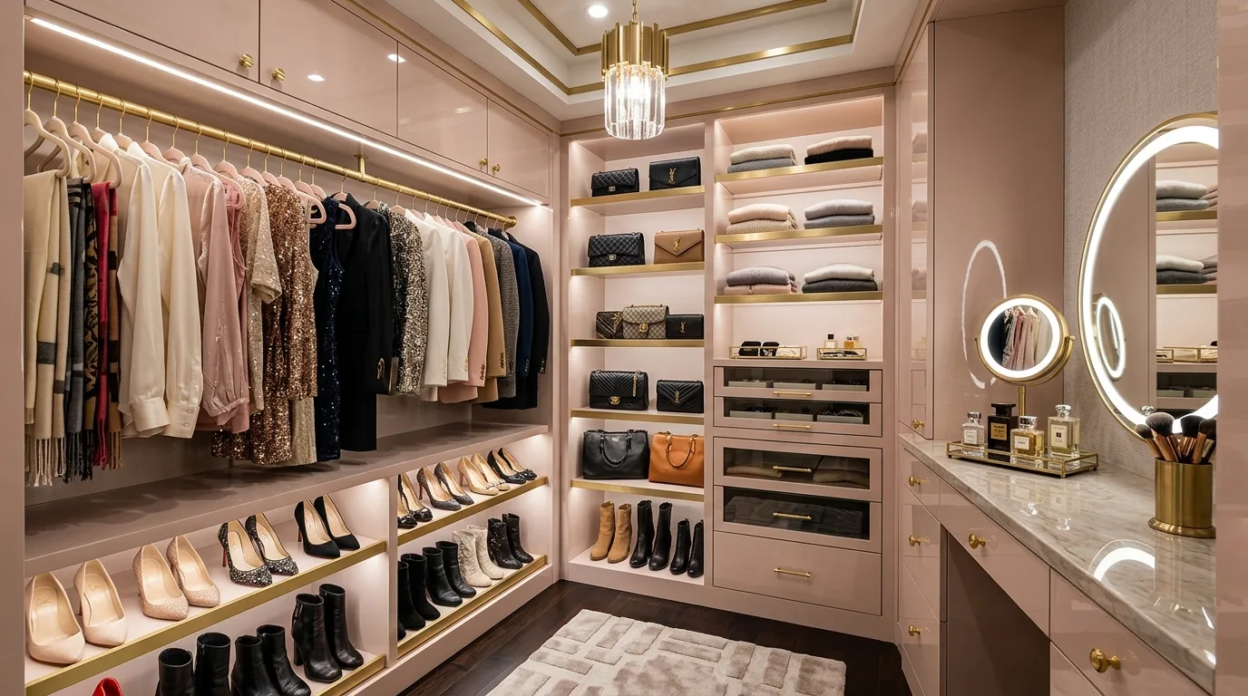 Narrow small walk-in closet with a clean open walkway and uncluttered layout.