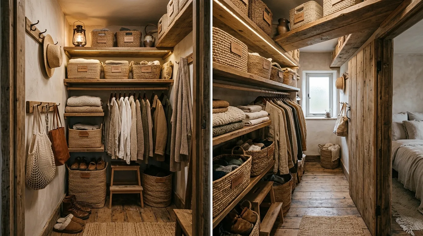 Light neutral narrow walk-in closet with bright cabinetry and organized storage.