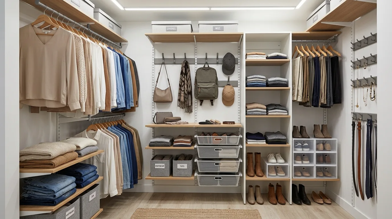 Boutique-style display shelf inside a narrow organized walk-in closet.