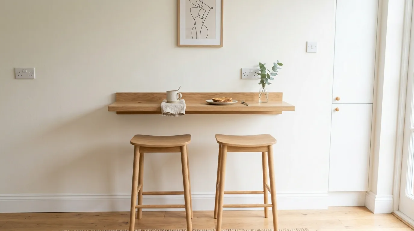 Small kitchen with a compact breakfast bar, slim overhang, and stools for casual seating.