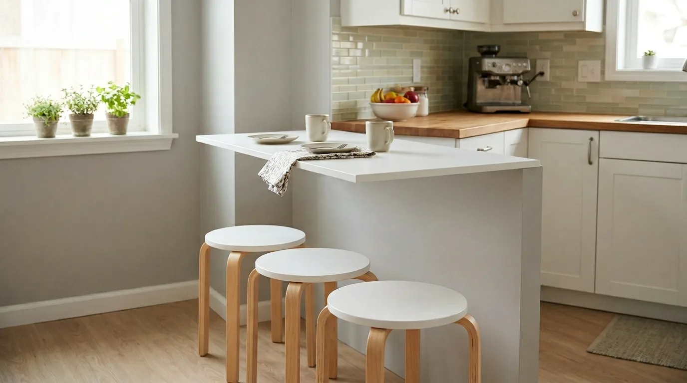 Wall-mounted breakfast bar ledge in a compact kitchen layout.