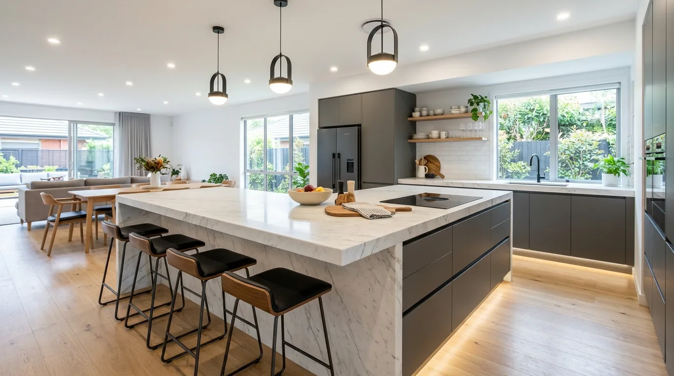 Modern small kitchen with a waterfall-edge breakfast bar and seating.